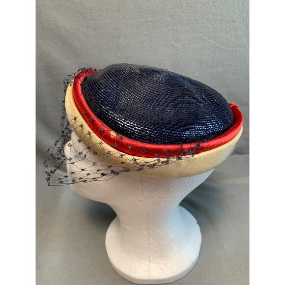Vintage Navy & Cream Pillbox Hat With Red Trim & Black Veil Sz 22" - Picture 3 of 11